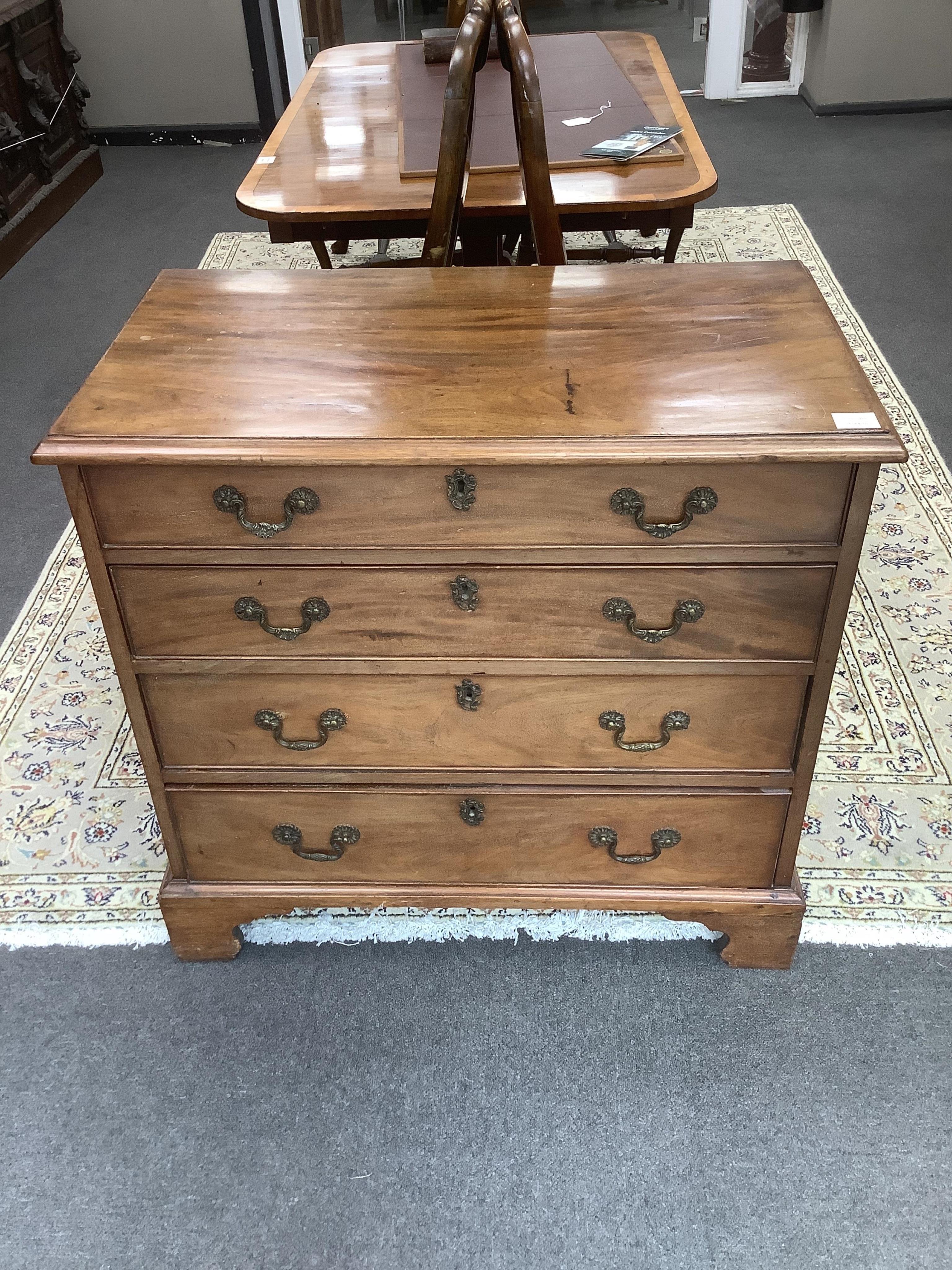 A small George III mahogany chest of four drawers, width 84cm, depth 48cm, height 80cm. Condition - fair
